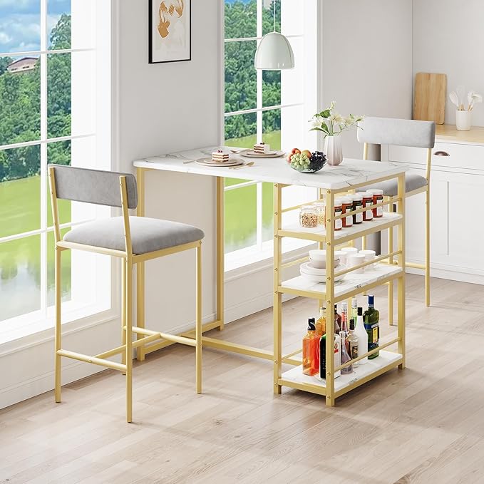GAOMON Bar Stools Set of 2, Kitchen Bar Stools with Footrest, 25.5 Inches Upholstered Bar Chairs with Back, Counter Height Barstools for Counter Bar, Island, Easy Assembly,Gray and Gold