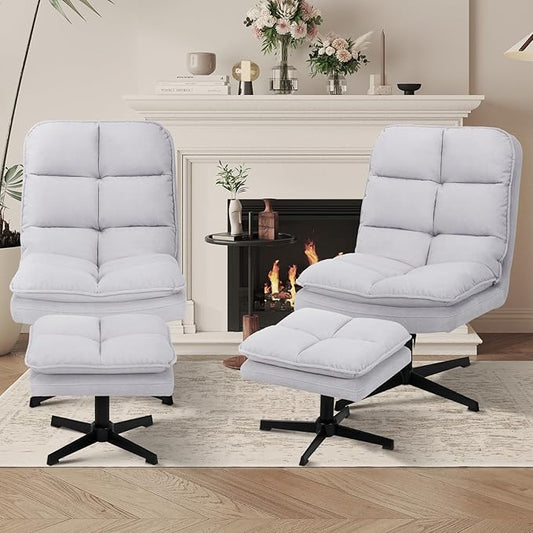 Swivel Accent Reading Chair with Ottoman, Modern Velvet Upholstered Lounge Chair with 360° Swivel and Criss-Cross Legs, Comfy Reading Chair for Bedroom, Living Room,Supports 300 lbs,LightGray 2pc
