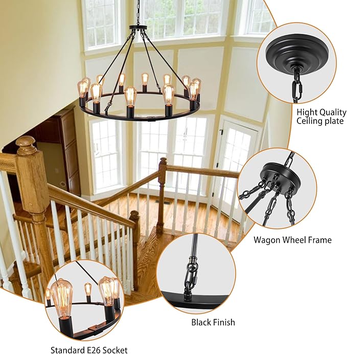 31.5" 12 Lights Wagon Wheel Chandelier, Black Round Rustic Industrial Vintage Farmhouse Chandeliers for Dining Room Foyer Living Room Kitchen Island