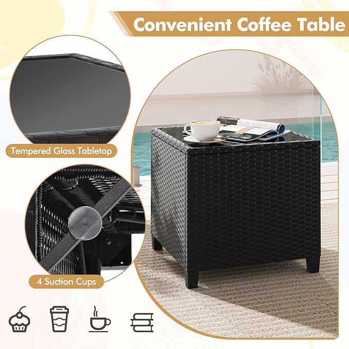 HAPPYGRILL 3 Pieces Wicker Patio Conversation Set, PE Rattan Bistro Sofa Set with Tempered Glass Coffee Table, Washable Cushions, Outdoor Furniture Set for Garden Poolside Balcony (Turquoise)