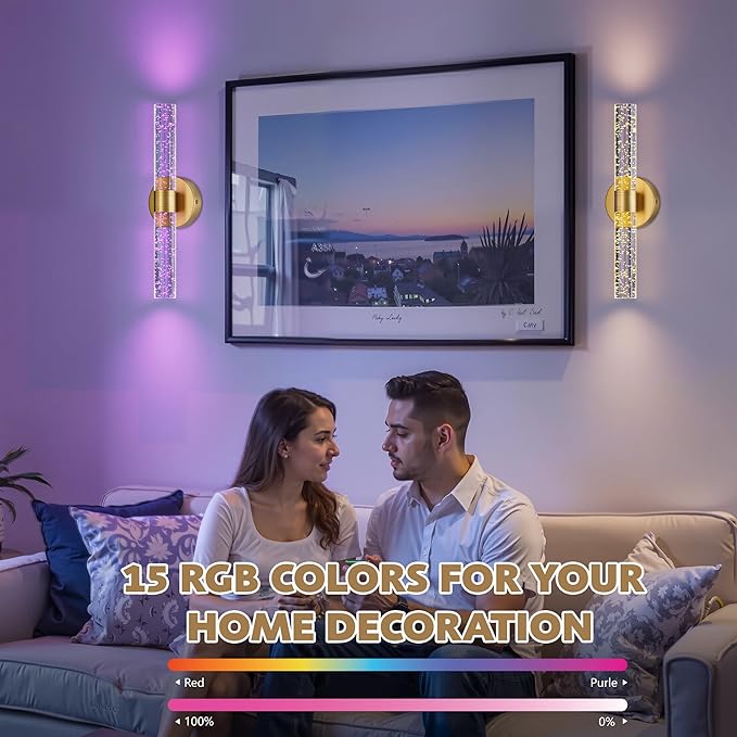 Gold Battery Operated Wall Sconce, 13000mAh Rechargeable Wall Light with Remote Control, 15 Color Dimmable Wireless Wall Lamp for Bedroom Living Room Hallway Party Decor, Crystal Wall Sconce