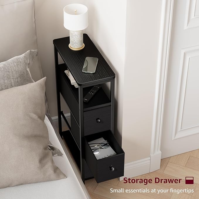 Narrow Nightstand Side Table - Skinny Night Stand for Small Space Bedroom Slim Bedsides Tables with 2 Drawers, Black