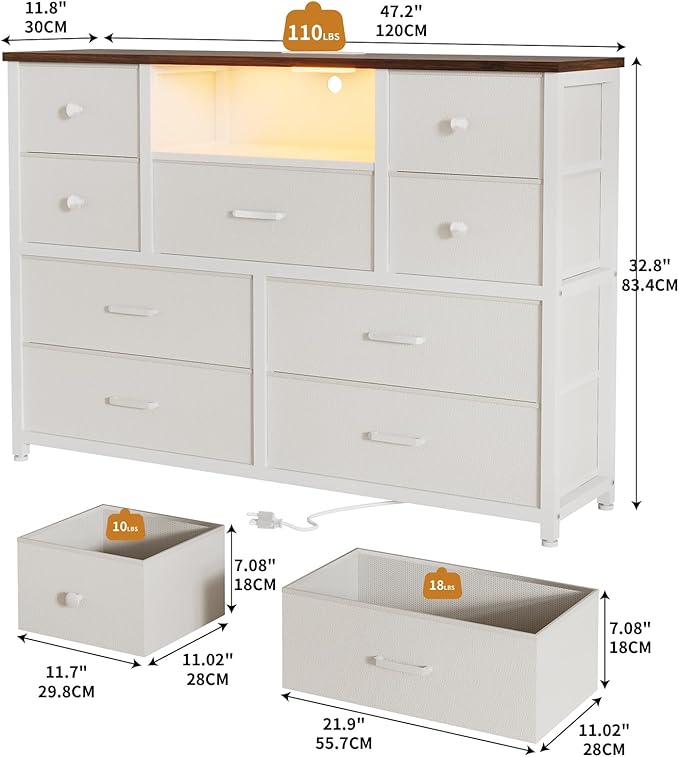 Dresser for Bedroom with 9 Drawers, White Storage Organizer TV Stand for 55" TV with LED Lights and Sockets, Fabric Chest of Drawers with PU Finish for Kid Room, Entryway, Living Room, Hallway