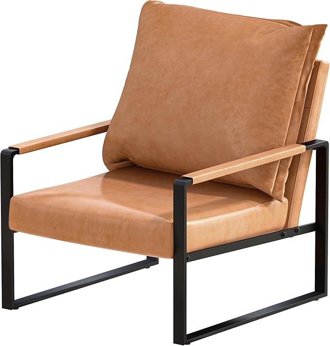 AWQM Modern PU Leather Accent Chair Arm Chair with Extra-Thick Padded Backrest and Seat Cushion Sofa Chairs for Living Room Bedroom, 105 Degree Slant Back, Non-Slip Adsorption Feet-Apricot（Set of 1）