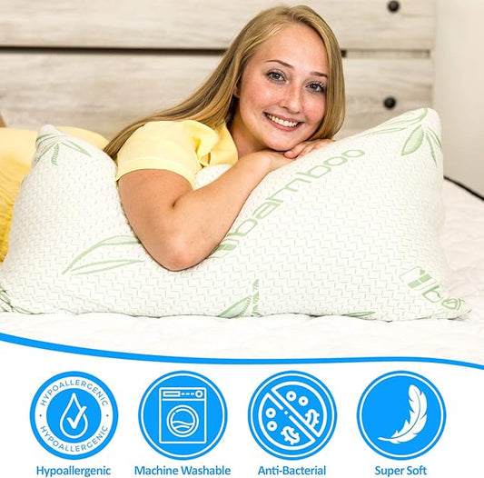 Elif Queen Size Pillows for Sleeping, Set of 2 – Cooling Shredded Memory Foam Pillows with Removable Cover for Back, Stomach & Side Sleepers, Rayon Derived from Bamboo, Queen (2 Pack)