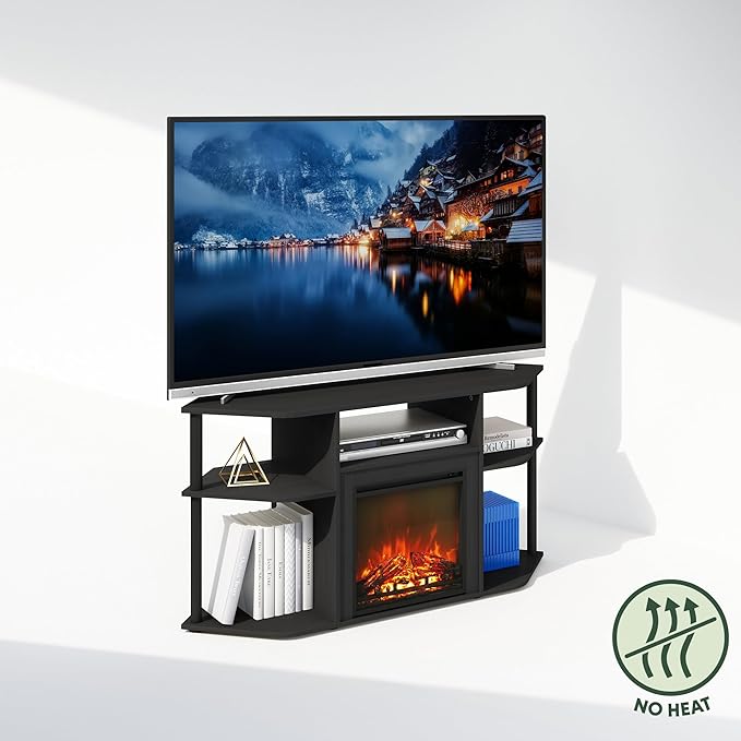 Furinno Jensen Fireplace TV Stand, NO Heat Decorative Electric Fireplace Corner TV Stand for TV up to 55 Inch, with Open Shelf, for Living Room, Americano/Black