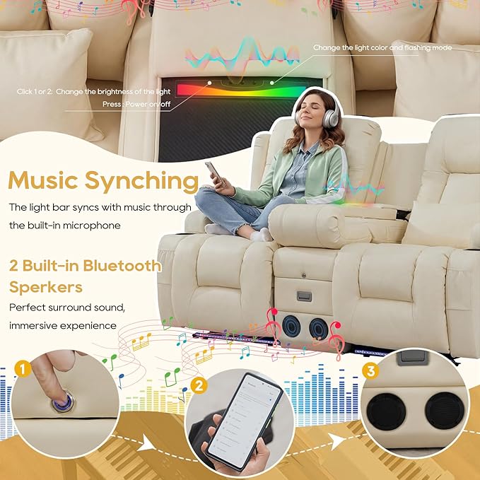 IPKIG Power Recliner Sofa with Flip-Up Backrest Console, USB & USB-C Ports, AC Outlet, LED Lights, Wall Hugger Recliners for Living Room, RV (Off Withe, 67" - 3 Seat) | Faux Leather, Zero Gravity, Dual Reclining, 2 Lumabr Pillow, Bluetooth Speakers