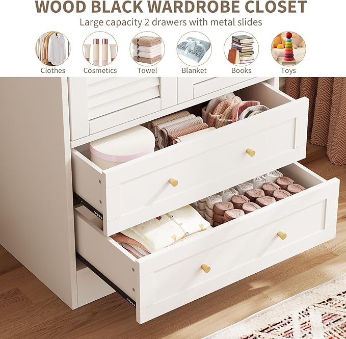 65" Louvered Armoire Wardrobe Closet, Wood Clothing Storage Cabinets with 2 Doors and 2 Drawers, Wooden Wardrobe Closet with Hanging Rod for Bedroom, Cloak Room, Laundry Room, Entrance Hall, White