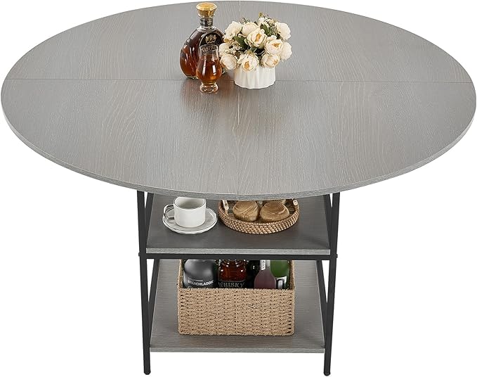 VEVOR Round Dining Table, 47 inch Wood Table for 4-6 Person, Modern Circle Dinner Furniture, Leisure Tables with Storage Shelf and Metal Legs, for Home Kitchen Living Room, Grey (Only Table)