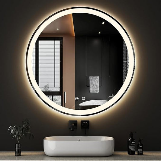 Simple Deluxe Round LED Bathroom Mirror with Lights, Smart Anti-Fog LED Bathroom Mirror with Circular Dual Lights and 3-Color Temperature Memory dimming (36inch)