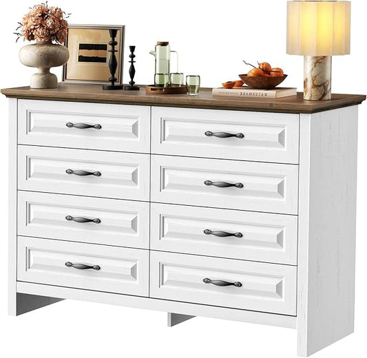 Marsail 8-Drawer Farmhouse Dresser, Solid Wood Storage Space, Sturdy Wide Chest with Smooth Glide Drawers & Anti-Slip Kit, for Bedroom or Hallway, Brown&White