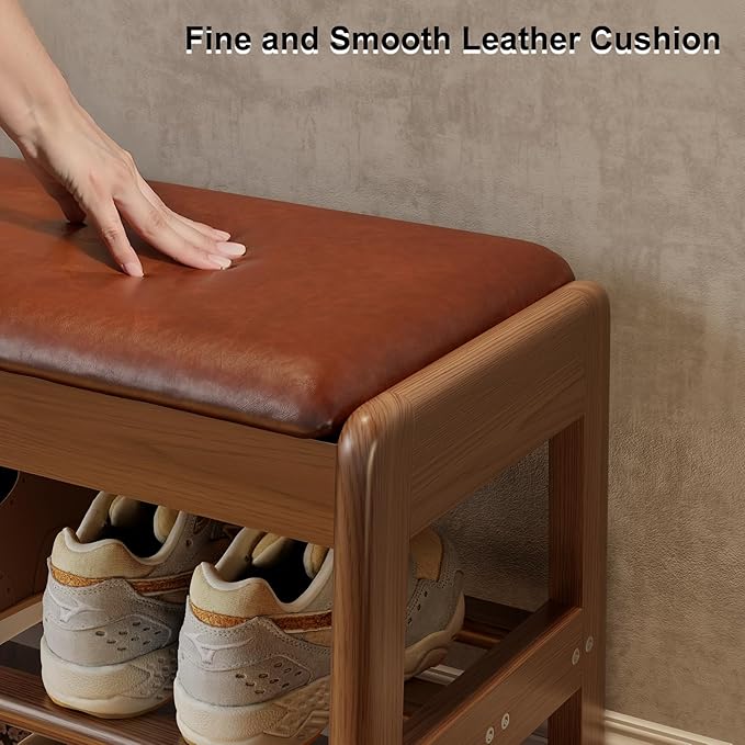AQIMUELE Small Shoe Rack Bench,2 Tiers Shoe Bench with Storage with Flip-Top,Wood Shoe Rack for Entryway,Hallway（Orange Upholstered Seat）