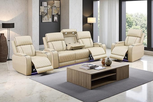 A Ainehome 3 Piece Power Recliner Sofa Set with LED, Power Leather Reclining Sofa and Chair Set, Leather Couches Sectional Recliner Chair for Living Room with USB Port/Storage Console