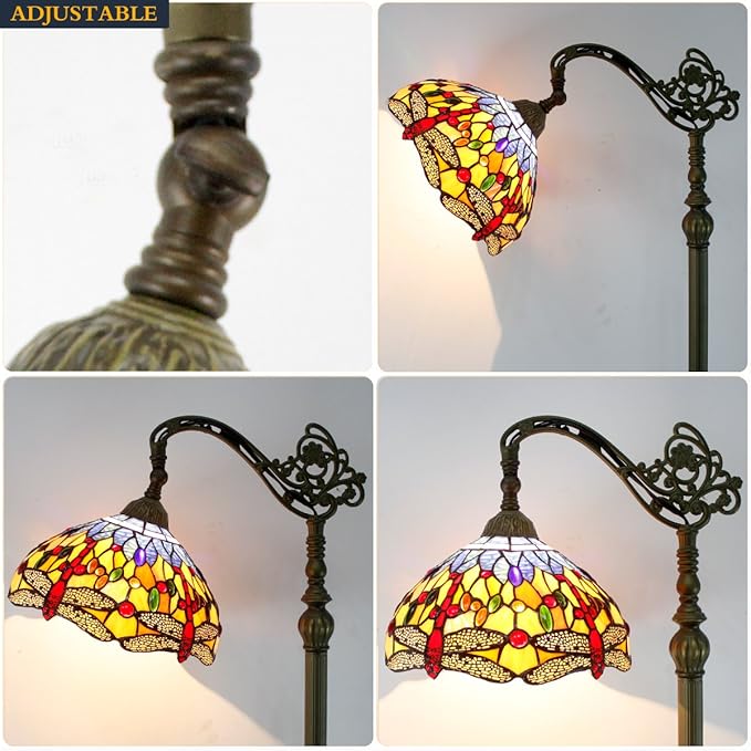 WERFACTORY Tiffany Floor Lamp Orange Blue Stained Glass Dragonfly Arched Lamp 12X18X64 Inch Gooseneck Adjustable Corner Standing Reading Light Decor Bedroom Living Room S168 Series