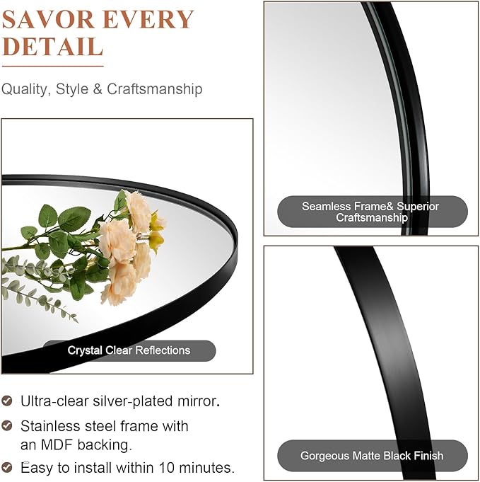 ANDY STAR Arched Mirror, 20 x 30 Inch Black Bathroom Mirror in Stainless Steel Metal Frame, Arch Top Rounded Corner 1 Inch Deep Set Design Wall Mount Hangs Vertical