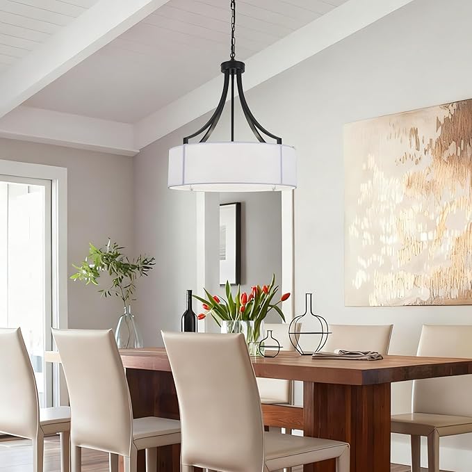 20" Modern Black Farmhouse Drum Chandeliers for Dining Room, 6-Light Rustic Drum Pendant Light with White Fabric Shade, Hanging Light Fixture for Living Room Bedroom Foyer Kitchen Island Entryway