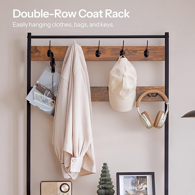 HOOBRO Hall Tree with Bench, Narrow Shoe Rack with Coat Rack, Coat Rack with Shoe Storage, 5 Tier Slanted Shoe Storage Organizer, Coat and Shoe Rack Entryway, Slim Hall Tree, Rustic Brown BF20MT01