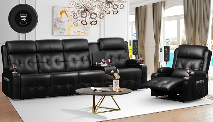 Recliner Sofa, 4 Seater Massage Reclining Loveseat Sofa Sets, 1 Single Power Recliner Chairs Heat & Massage, Heavy Weight Capacity, RV Clearance Love Seat Couch with Console, USB, Type C Port
