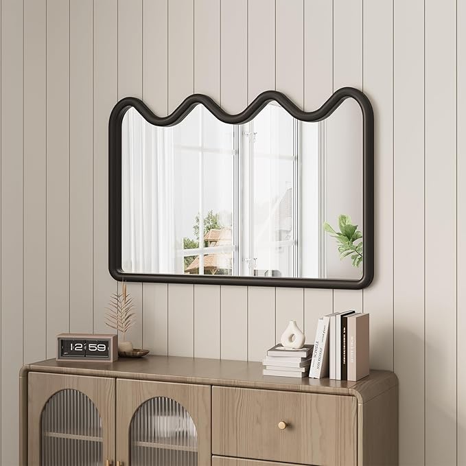 ULIKE Wavy Mirror for Wall, Rustic Wood Mirror for Bathroom Vanity, 24x36 Wooden Wall Mirrors Decorative for Bedroom, Living Room, Entryway, Black