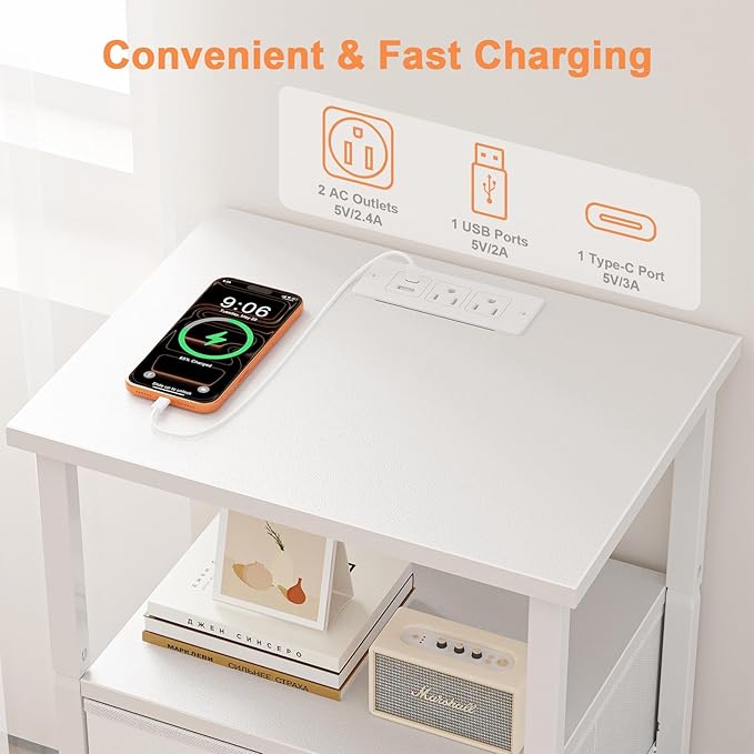 Nightstand with Charging Station, Bedside End Table with 2 Fabric Drawers for Bedroom, Side Table with USB Ports and Outlets (White)