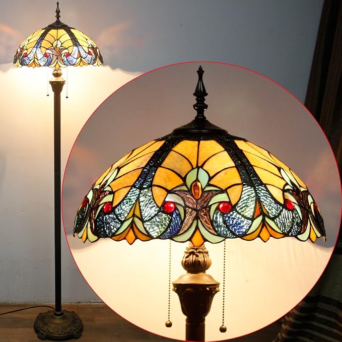 WERFACTORY Tiffany Floor Lamp Blue Yellow Liaison Stained Glass Standing Reading Light 16X16X64 Inches Antique Pole Corner Lamp Decor Bedroom Living Room Home Office S160E Series