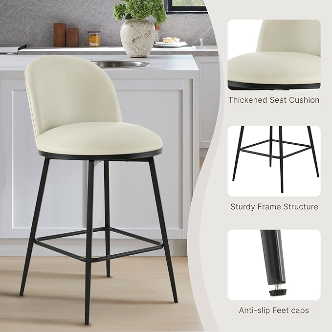 Swivel Bar Stools Set of 4, 26" H Upholstered Faux Leather Barstools with Backs,Counter Height Stools with Metal Legs for Kitchen Island,Cream,2 Box