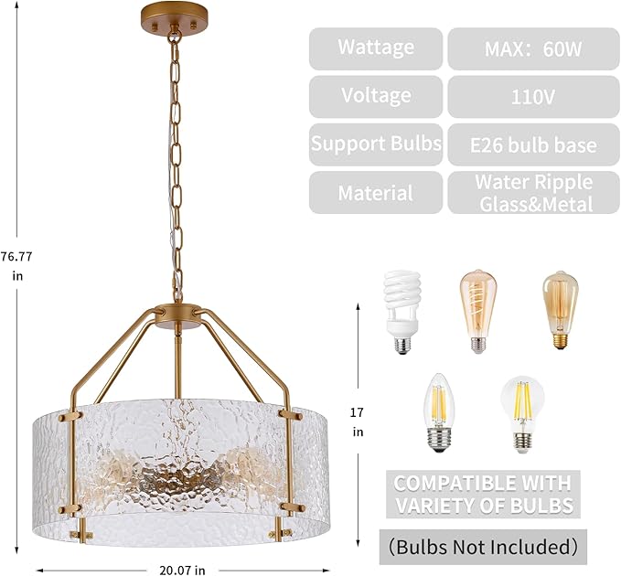 Glass Drum Gold Chandelier for Dining Room 20'' Entryway Light Fixture 5-Light Kitchen Chandeliers Over Table Bedroom Light Fixture for Living Room Hallway Foyer Kitchen
