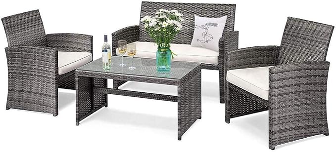 DORTALA 4 Piece Patio Furniture Set, Outdoor Wicker Conversation Set with Soft Cushions & Tempered Glass Coffee Table, Rattan Patio Sofa Bistro Sets for Courtyard Balcony, Beige
