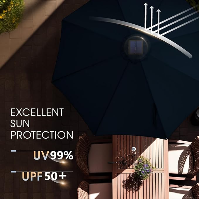 wikiwiki 10FT Solar Led Patio Umbrella with Base Included, 32 LED Lights, 8 Sturdy Ribs, Fade Resistant Waterproof POLYESTER DTY Canopy for Garden, Lawn, Deck, Backyard & Pool, Navy Blue