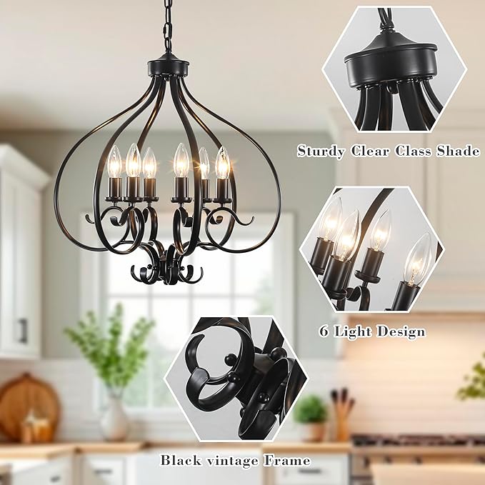 6-Lights Farmhouse Chandelier,19.68" Large Black Farmhouse Chandelier for Dining Room,Modern Vintage Rustic Adjustable Pendant Light Fixture for Kitchen Island Living Room Entryway Hallway Foyer