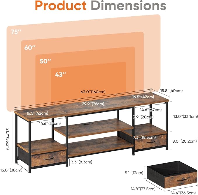 Sweetcrispy Entertainment Center with Stoage Wood TV Stand with Drawers for 75 Inch+ TVS, Television Stands for Living Room Media Console with Charging Station Drawers Shelf Sturdy Frame, 63'' Rustic