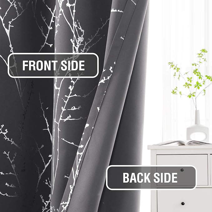 H.VERSAILTEX Blackout Curtains for Bedroom Foil Print Twig Tree Branch Thermal Insulated Grommet Curtains Light Blocking Thick Soft Window Curtains for Living 52 x 96 Inch, 2 Panels, Charcoal Gray