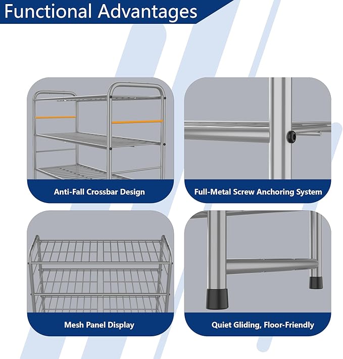 4-Tier Stackable Shoe Rack,Expandable & Adjustable Shoe Organizer Storage Shelf,High Capacity,Wire Grid,Silver