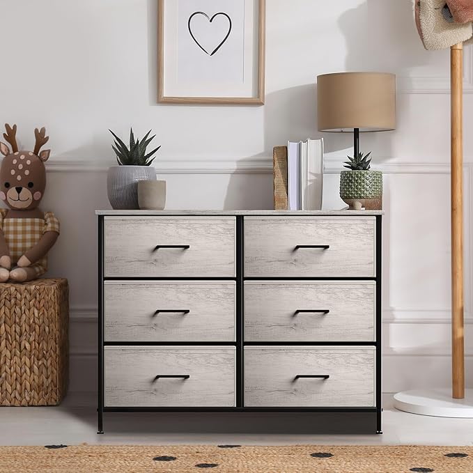 Sorbus Dresser with 6 Faux Wood Drawers - Chest Organizer Unit with Steel Frame Wood Top & Handle Easy Pull Fabric Bins for Clothes - Storage Furniture for Bedroom, Hallway, Living Room & Closet