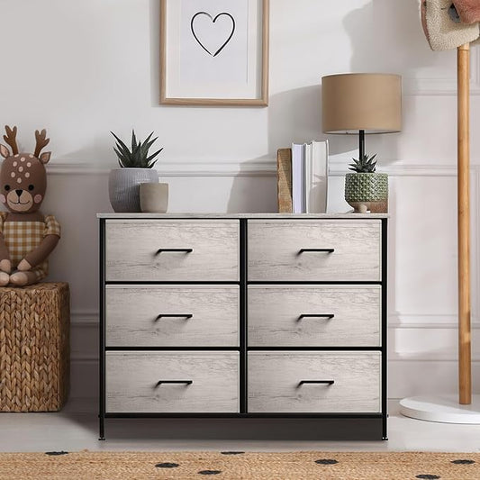 Sorbus Dresser with 6 Faux Wood Drawers - Chest Organizer Unit with Steel Frame Wood Top & Handle Easy Pull Fabric Bins for Clothes - Storage Furniture for Bedroom, Hallway, Living Room & Closet