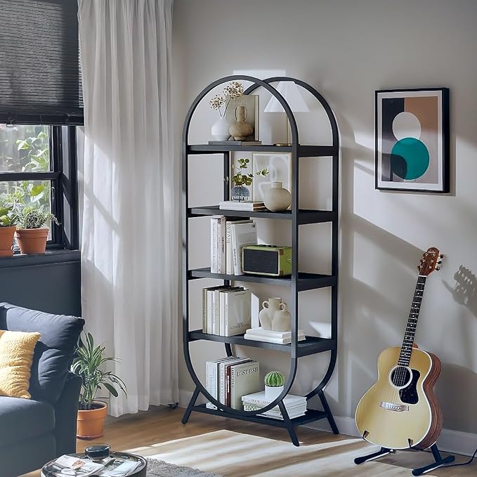 Arched Bookshelf,5-Tier Tall Wide Open Bookshelf,Modern Brown Storage Bookshelves, Freestanding Display Rack Shelving Unit for Office, Bedroom, Living Room, Easy Assembly, Black