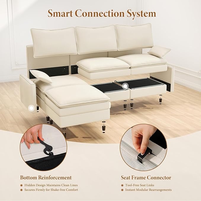 Vesgantti 108" Modular Sectional Sofa, Comfy Cloud Couch with Movable Ottoman Deep Seat Chenille L Shaped Modular Sofa, Sectional Couches for Living Room, Bedroom and Apartment, Beige | Sink-in Comfort, Height Adjustable, Easy Rearrangement, Extra-deep...
