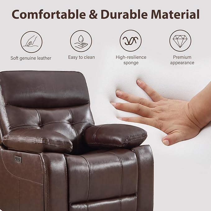 CANMOV Genuine Leather Recliner Chair, Power Single Reclining Sofa with Comfortable Arms and Back, Modern Electric Recliner Couch Set with Hidden Cup Holders,USB,Type C Port for Living Room,Dark Brown