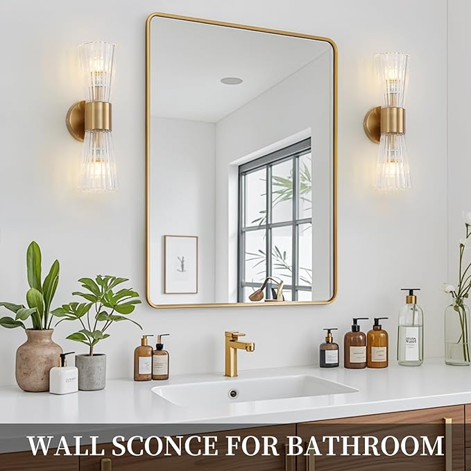 Mid-Century Modern Wall Lights with Crystal Glass Shade, 2-Light Glass Bathroom Vanitys Lights Gold Wall Sconces, Indoor Up Down Wall Mounted Lamps for Living Bedroom Hallway Hardwired