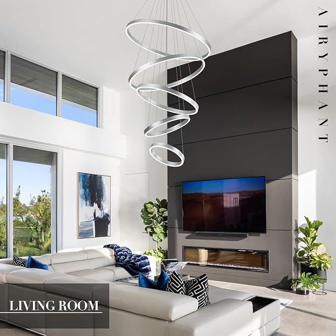 Modern LED Chandeliers 5-Ring Chandelier High Ceiling Chandelier 31" Large Foyer Chandeliers Entryway Silver Dimmable Pendant Light Fixture for Living Room Staircase, 3000K-6500K