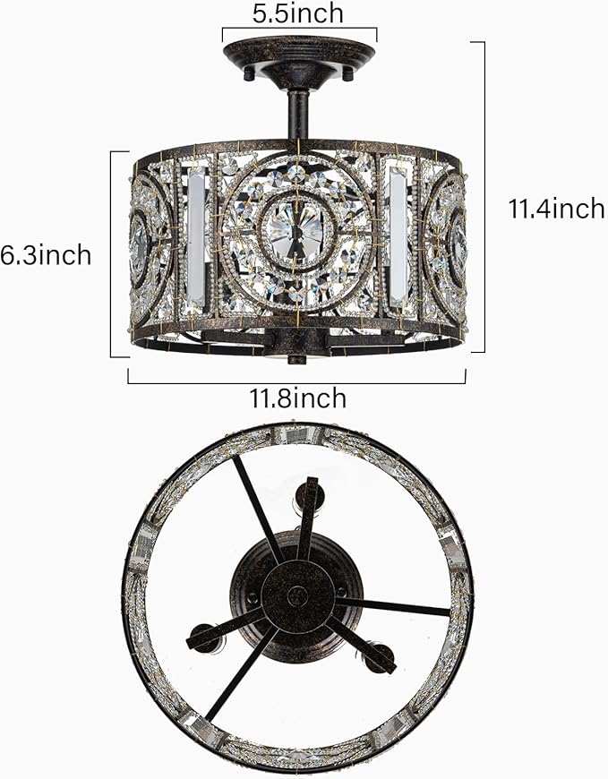 Vintage Crystal Drum Chandelier, 3-Lights Bronze Finish Retro Chandelier Lighting Fixtures, Semi Flush Mount Ceiling Light for Dining Room Living Room Bedroom Entryway Etc.