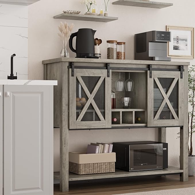 Bar Cabinet, Farmhouse Buffet Storage Cabinet with Wine Glass Rack, Wood Coffee Bar Table Kitchen Sideboards and Buffets with Barn Door, Liquor Cabinet Bar for Home, Dinning, Living Room