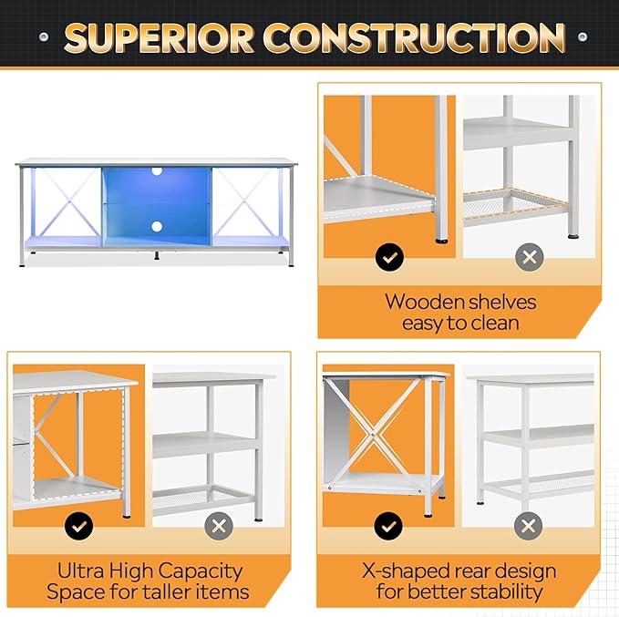 WLIVE Industrial TV Stand with LED Lights for Up to 65" TVs, Waterproof & Scratch-Resistant, Adjustable Shelves, Modern Entertainment Center for Living Room, White
