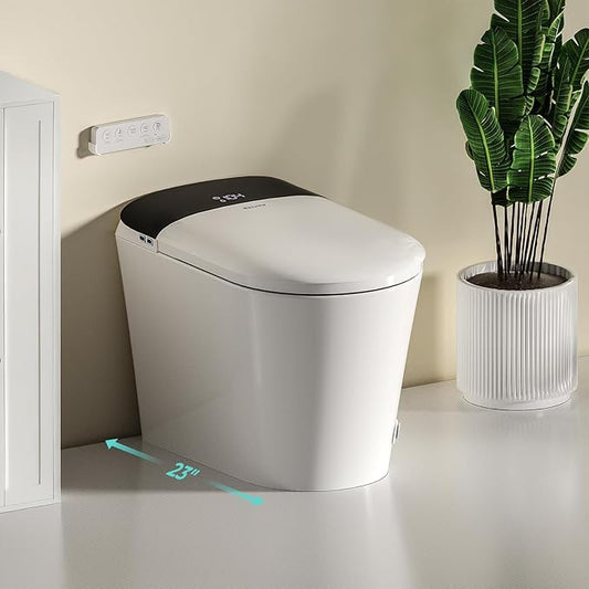 Smart Compact Toilet for Small Bathroom, 23" Depth Shallow Toilet with Foam Shield Auto Open/Close Lid, 12" Rough In, Built-in Tank, Heated Seat Foot Sensor Flush One-Piece (ZY695A Mini)