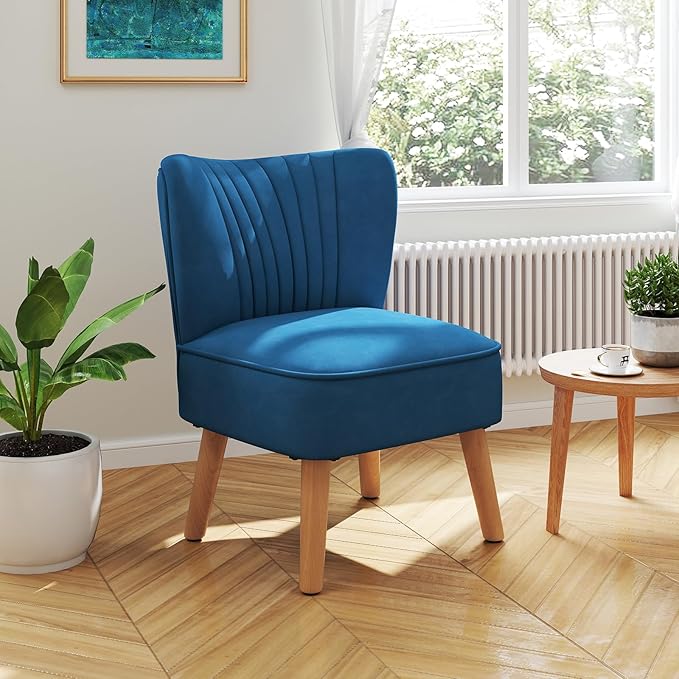 KOMFOTT Velvet Accent Chair Set of 2, Modern Armless Sofa Chair with Solid Rubber Wood Legs, Wingback Leisure Chair with Thick Cushion, Upholstered Side Chair for Living Room, Bedroom, Blue