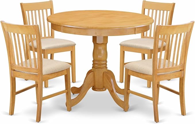 East West Furniture ANNO5-OAK-C 5 Piece Dining Table Set for 4 Includes a Round Kitchen Table with Pedestal and 4 Linen Fabric Dining Room Chairs, 36x36 Inch, Oak