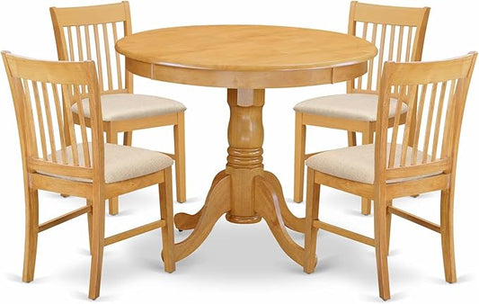 East West Furniture ANNO5-OAK-C 5 Piece Dining Table Set for 4 Includes a Round Kitchen Table with Pedestal and 4 Linen Fabric Dining Room Chairs, 36x36 Inch, Oak