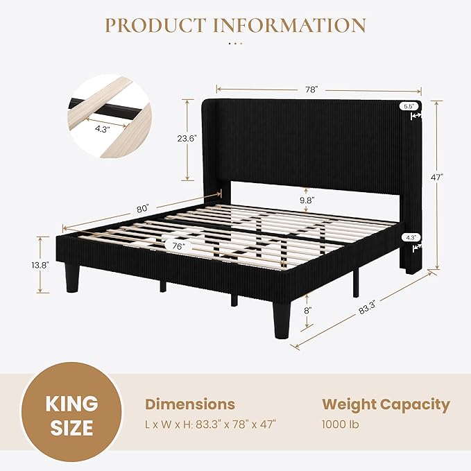 SHA CERLIN King Size Corduroy Upholstered Platform Bed Frame with Vertical Channel Tufted Wingback Headboard, 8" Under Bed Storage, Wooden Slats & Metal Frame Support, Easy Assembly, Black