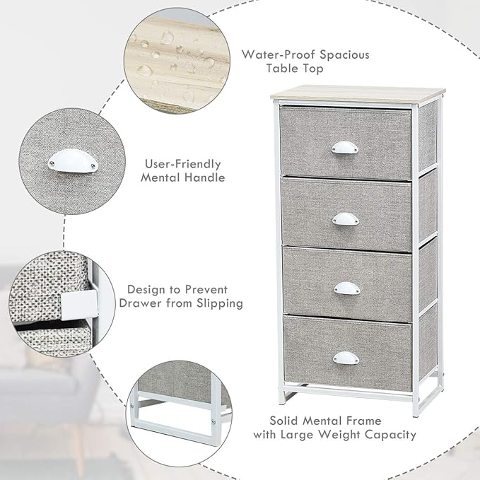 Giantex Dresser Storage Tower Nightstand W/Fabric Drawers, Sturdy Steel Frame and Wood Top Organizer Unit for Bedroom, Living Room, Entryway,Closets End Table Storage Unit (37’’(H), White)