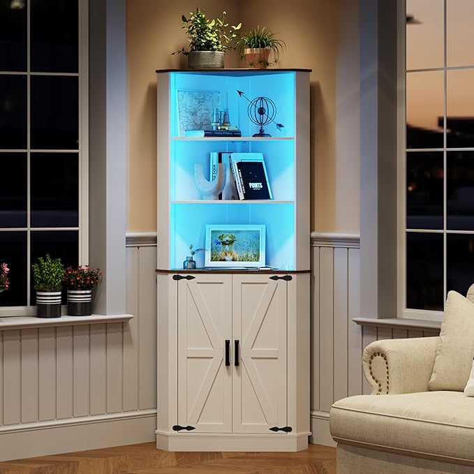 Farmhouse Corner Cabinet with LED Light, 67" Tall Bathroom Cabinet with 2 Doors and 3 Tier Shelves, Free Standing Corner Storage Cabinet for Living Room or Kitchen, White